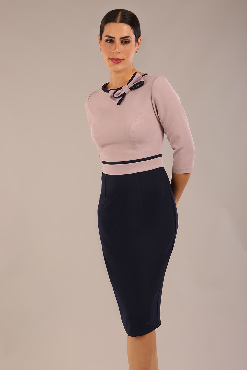 Cherie Sleeved Contrast Bow Neck Pencil Dress 