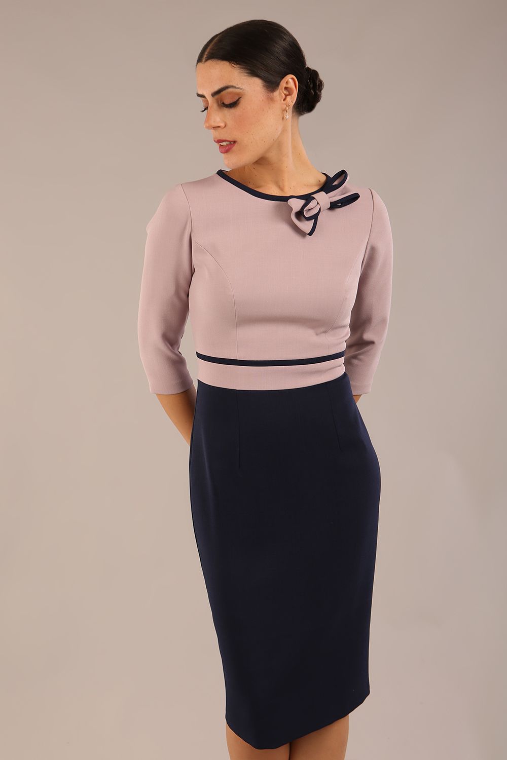 Cherie Sleeved Contrast Bow Neck Pencil Dress 