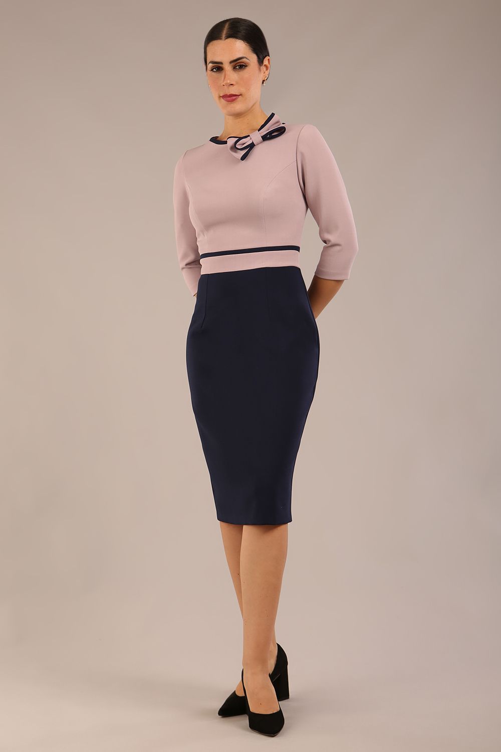 Cherie Sleeved Contrast Bow Neck Pencil Dress 