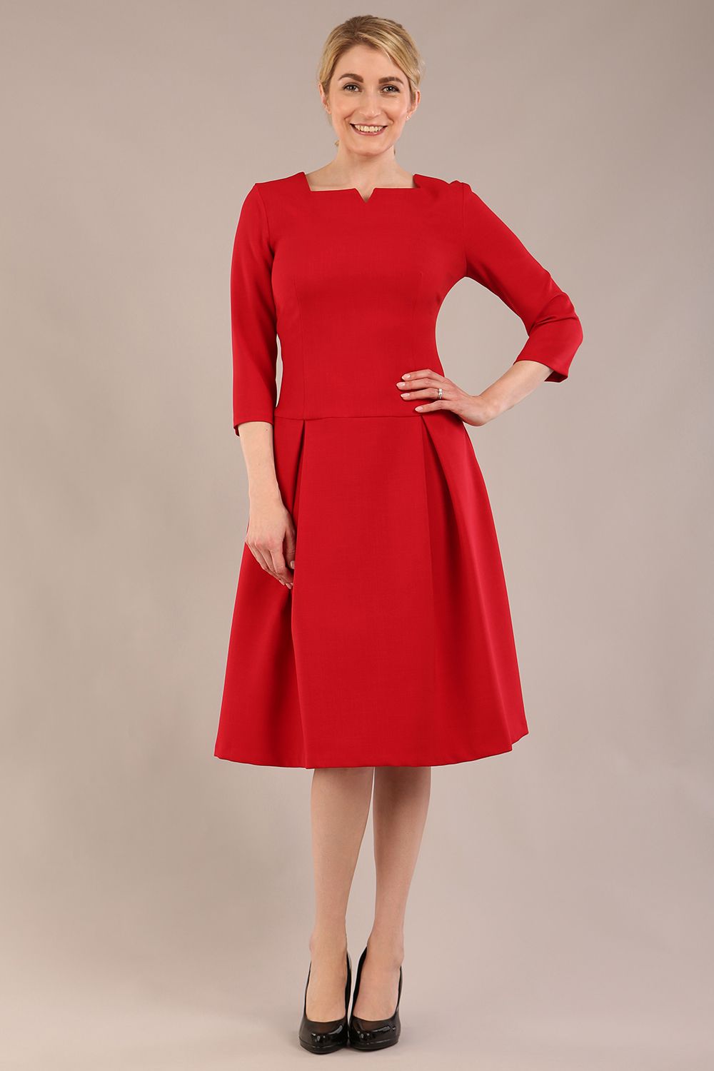 Cordelia Square Neck Pleated Midi A-line Dress 