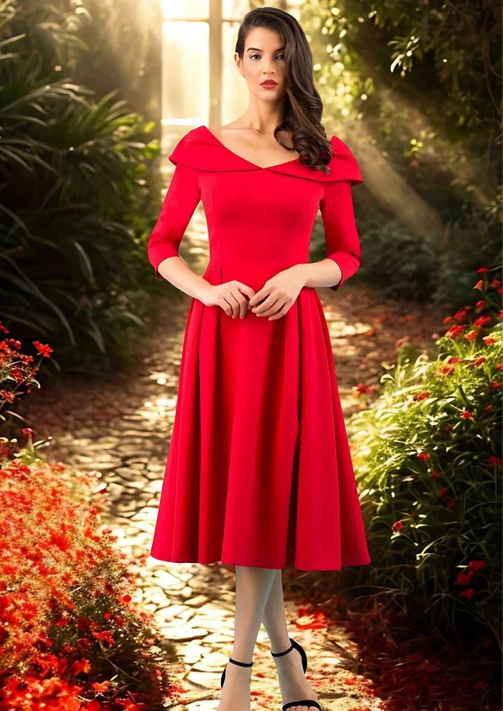 Model wearing Diva Catwalk Chesterton Sleeved dress with oversized collar detail and a-line swing pleated skirt in colour red front