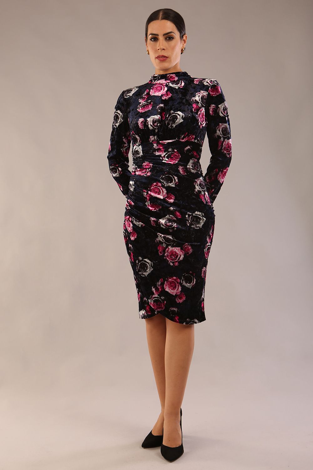 ワンピース Floral Velour Jacquard High Neck Dress 11019-pkmt-front!bgwh-yawah.jpg
