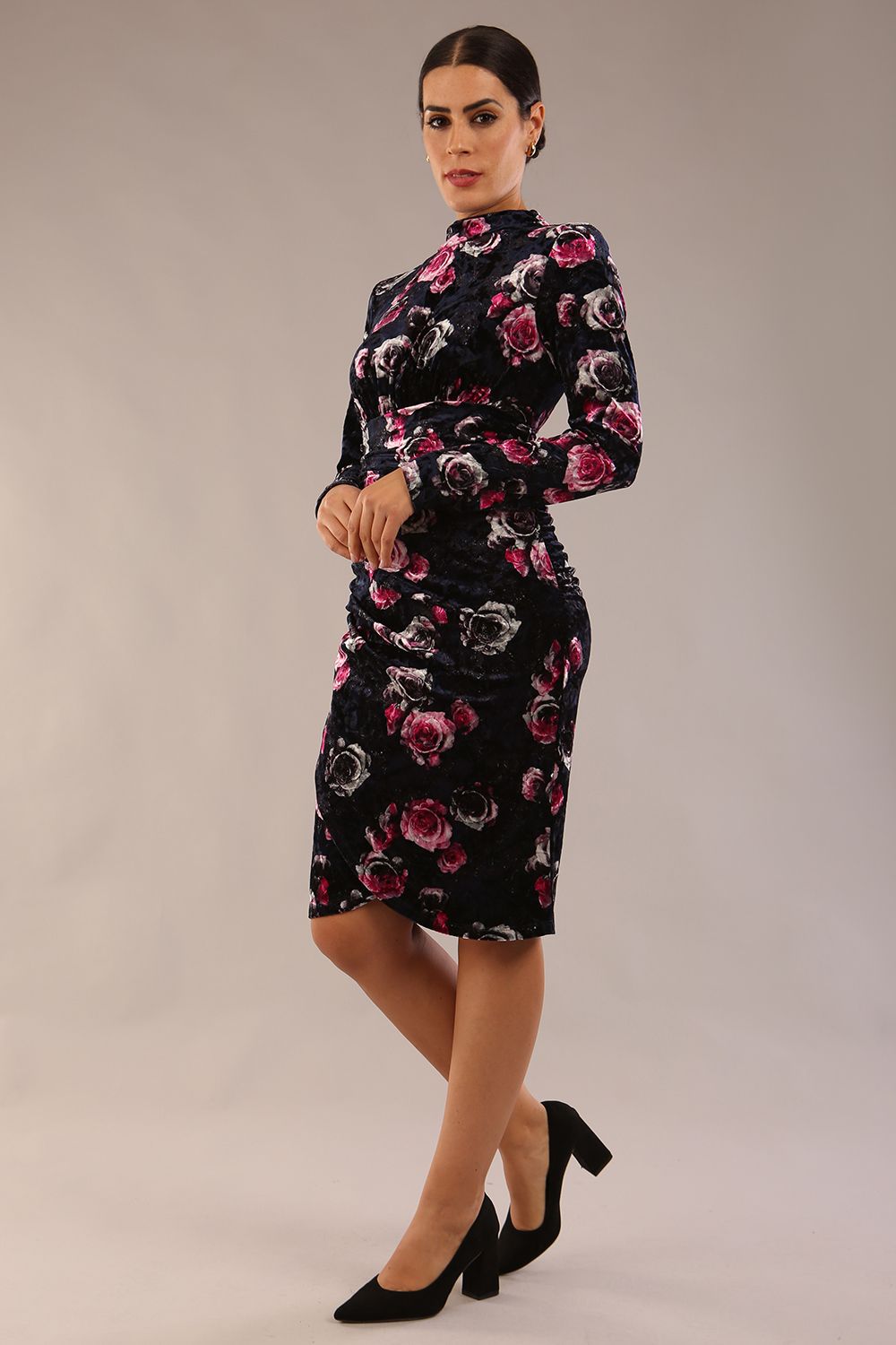 Firenze High-Neck Floral Velvet Wrap Dress 
