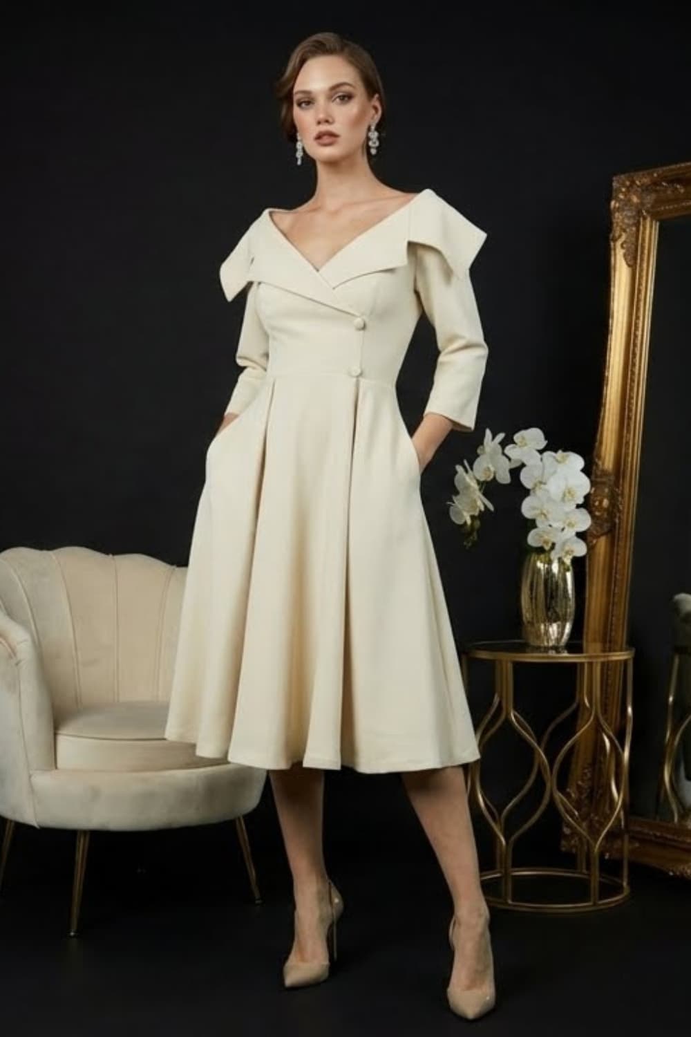 Gatsby Sleeved Oversized Collar Swing Dress 