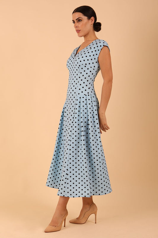 Audrey Polka Dot Print Sleeveless Swing Dress With Pockets in sky blue colour