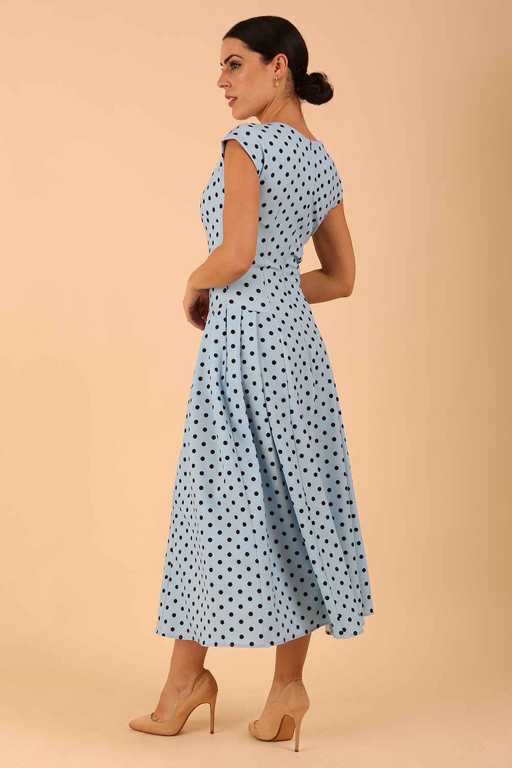 Audrey Polka Dot Print Sleeveless Swing Dress With Pockets in sky blue colour