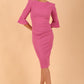 Model wearing diva catwalk Santorini 3/4 Length Bell Sleeve Midi Pencil Dress in Begonia Pink front
