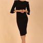 Model wearing diva catwalk Santorini 3/4 Length Bell Sleeve Midi Pencil Dress in Black front 