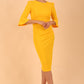 Model wearing diva catwalk Santorini 3/4 Length Bell Sleeve Midi Pencil Dress in Saffron Yellow front