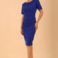 model is wearing diva catwalk camille short sleeve pencil dress with folded rounded neckline in cobalt blue front