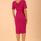 model is wearing diva catwalk camille short sleeve pencil dress with folded rounded neckline in magenta back