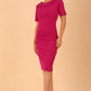 model is wearing diva catwalk camille short sleeve pencil dress with folded rounded neckline in magenta front