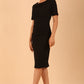 model is wearing diva catwalk camille short sleeve pencil dress with folded rounded neckline in black front