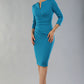 model is wearing diva catwalk donna sleeved pencil dress in mosaic blue front