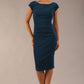 Model wearing Diva Catwalk Polly Rounded Neckline Pencil Cap Sleeve Dress with pleating across the tummy area in Teal front