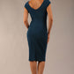 Model wearing Diva Catwalk Polly Rounded Neckline Pencil Cap Sleeve Dress with pleating across the tummy area in Teal back