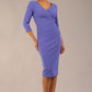 model wearing a diva catwalk Seed Barton Sleeved Pencil Dress 3/4 sleeves and v neckline and knee length with pleating details in dawn indigo colour