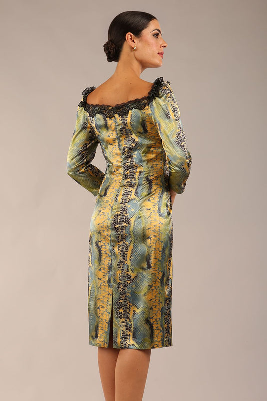 Jura Snakeskin Stretch Satin Print With Contrast Lace Trim Dress 