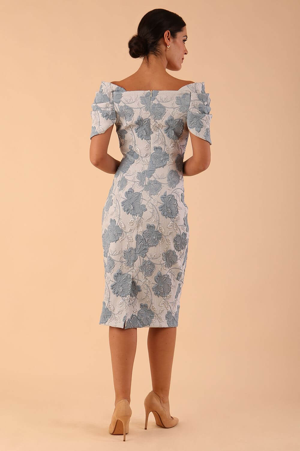 model wearing a diva catwalk Blythe Off Shoulder Jacquard Rose Dress short sleeves, pencil dress in blue floral colour back