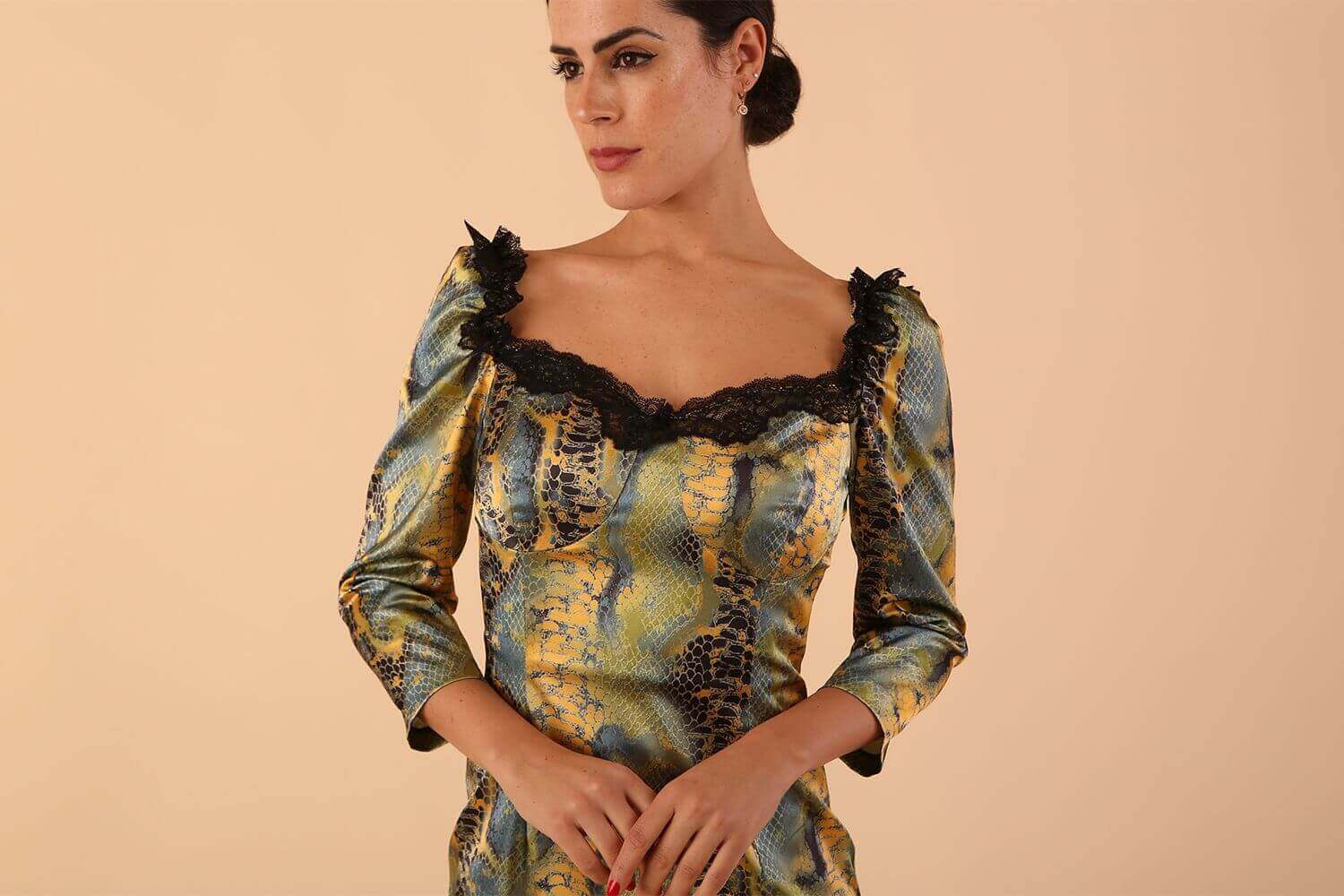 (PRE-ORDER) Jura Snakeskin Stretch Satin Print With Contrast Lace Trim Dress