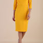 Model wearing diva catwalk Kinga 3/4 Sleeve pencil skirt dress yellow