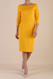 Model wearing diva catwalk Kinga 3/4 Sleeve pencil skirt dress yellow