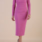 Model wearing diva catwalk Long Sleeved Lydia Midi pencil dress in  Begonia Pink