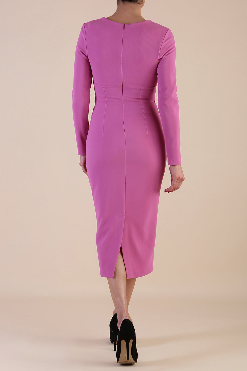 Model wearing diva catwalk Long Sleeved Lydia Midi pencil dress in  Begonia Pink