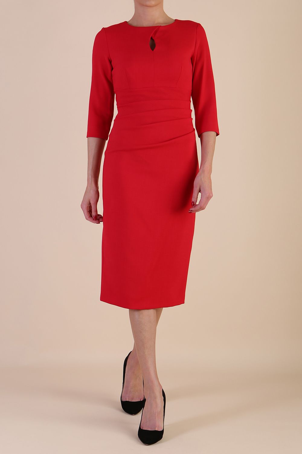 model wearing diva catwalk ubrique pencil dress with a keyhole detail and sleeves in scarlet red
