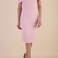 model is wearing diva catwalk mariposa pencil dress with Detailed Bardot neckline with fold-over detail and pleated at waist area in Crystal Pink