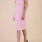 model is wearing diva catwalk mariposa pencil dress with Detailed Bardot neckline with fold-over detail and pleated at waist area in Crystal Pink