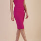 model wearing diva catwalk daphne sleeveless magenta haze pencil dress with rounded neckline with split in the middle in front