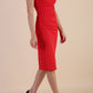  model wearing diva catwalk primula pencil skirt dress in pink with pleating on one side and sleeveless design in colour red