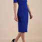model is wearing Diva Catwalk Lydia Short Sleeve Pencil Dress with pleating across the tummy and split neckline in Cobalt Blue
