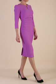 model is wearing diva catwalk seed fitzrovia sleeved pencil dress in magenta mist front