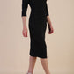 model is wearing the Diva Catwalk Ubrique pencil dress with Long sleeves and keyhole detail in Black fabric colour