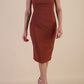 brunette model wearing diva catwalk lydia sleeveless pencil flattering fitted plain dress with split neckline and pleating across the body Rustic Brown front