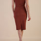 brunette model wearing diva catwalk lydia sleeveless pencil flattering fitted plain dress with split neckline and pleating across the body Rustic Brown front