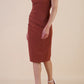 brunette model wearing diva catwalk lydia sleeveless pencil flattering fitted plain dress with split neckline and pleating across the body Rustic Brown front