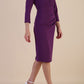 model is wearing diva catwalk miracle pencil dress with keyhole detail on a side of the front panel and gathering detail on a side or bodice panel with sleeves in Imperial Purple colour front