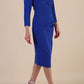 model is wearing diva catwalk miracle pencil dress with keyhole detail on a side of the front panel and gathering detail on a side or bodice panel with sleeves in cobalt blue colour front