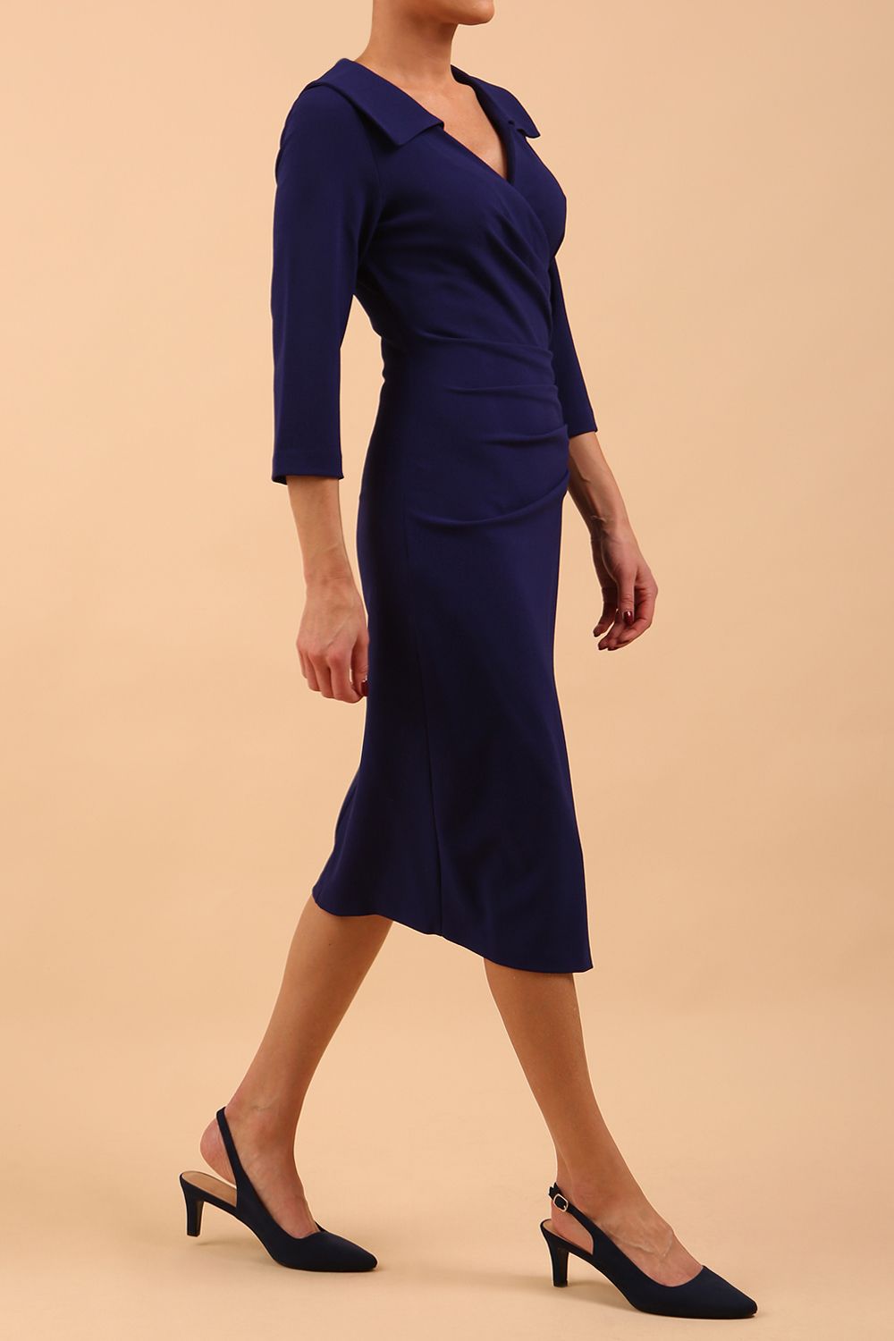 Liesel Low V-neck Sleeved Collared Wrap Pencil Dress 