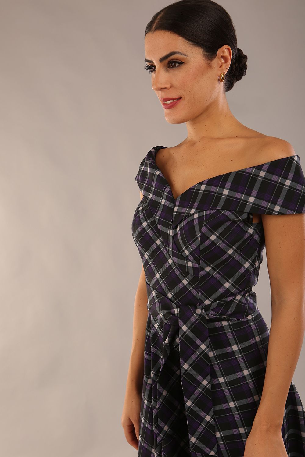 Montclair Tartan Off-Shoulder Midi Dress 
