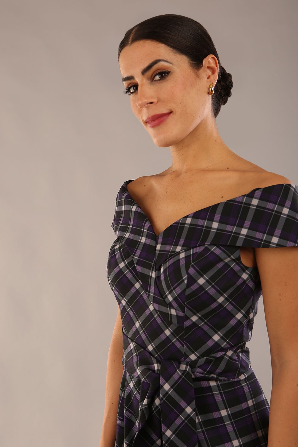 Montclair Tartan Off-Shoulder Midi Dress 