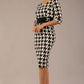 OP-ART V-Neck Sleeved Monochrome Pencil Dress 