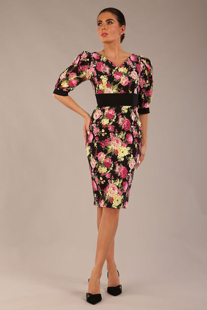 Somerset Floral with Puff Sleeves & Black Waistband Pencil Dress 