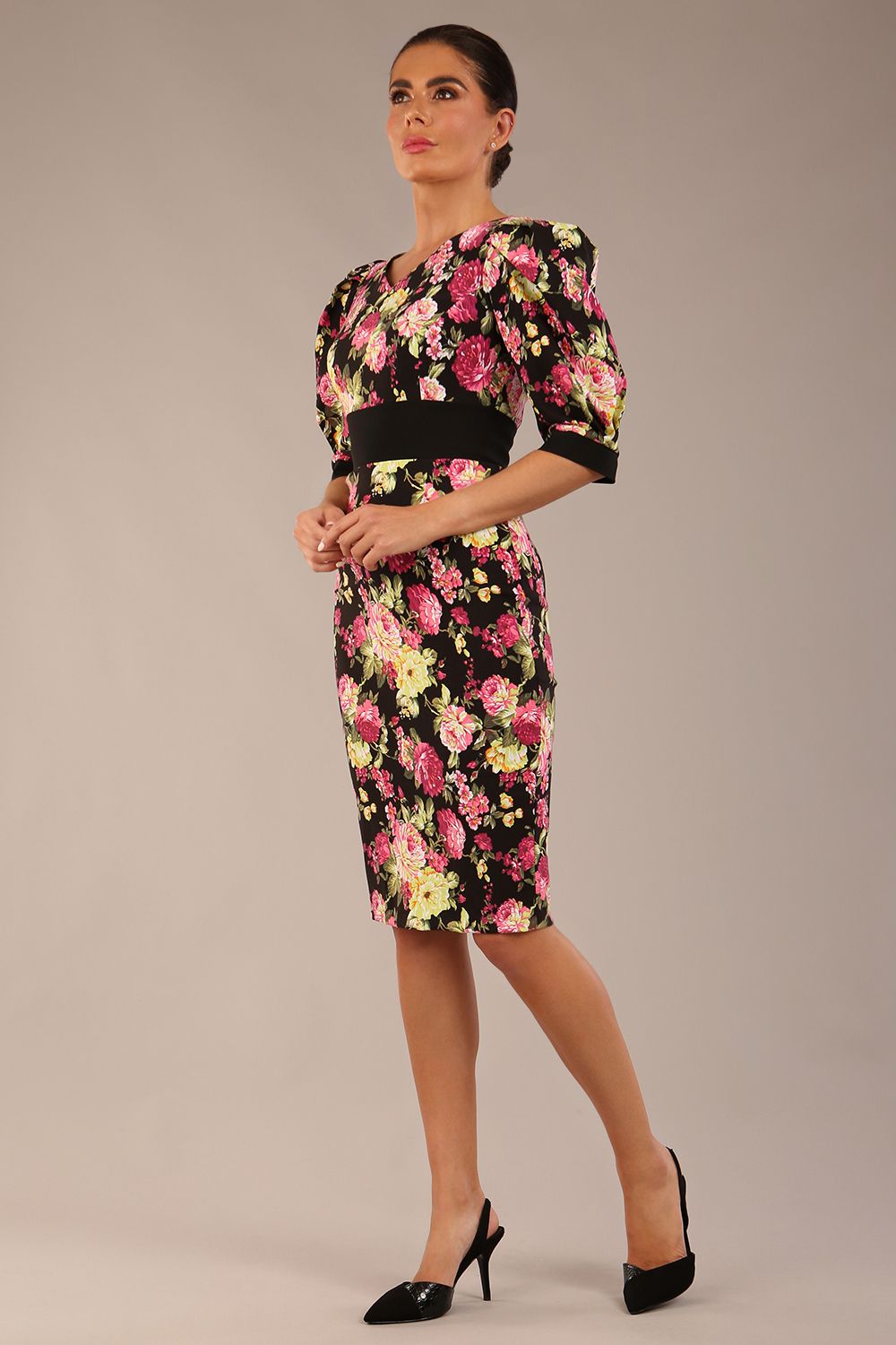 Somerset Floral with Puff Sleeves & Black Waistband Pencil Dress 
