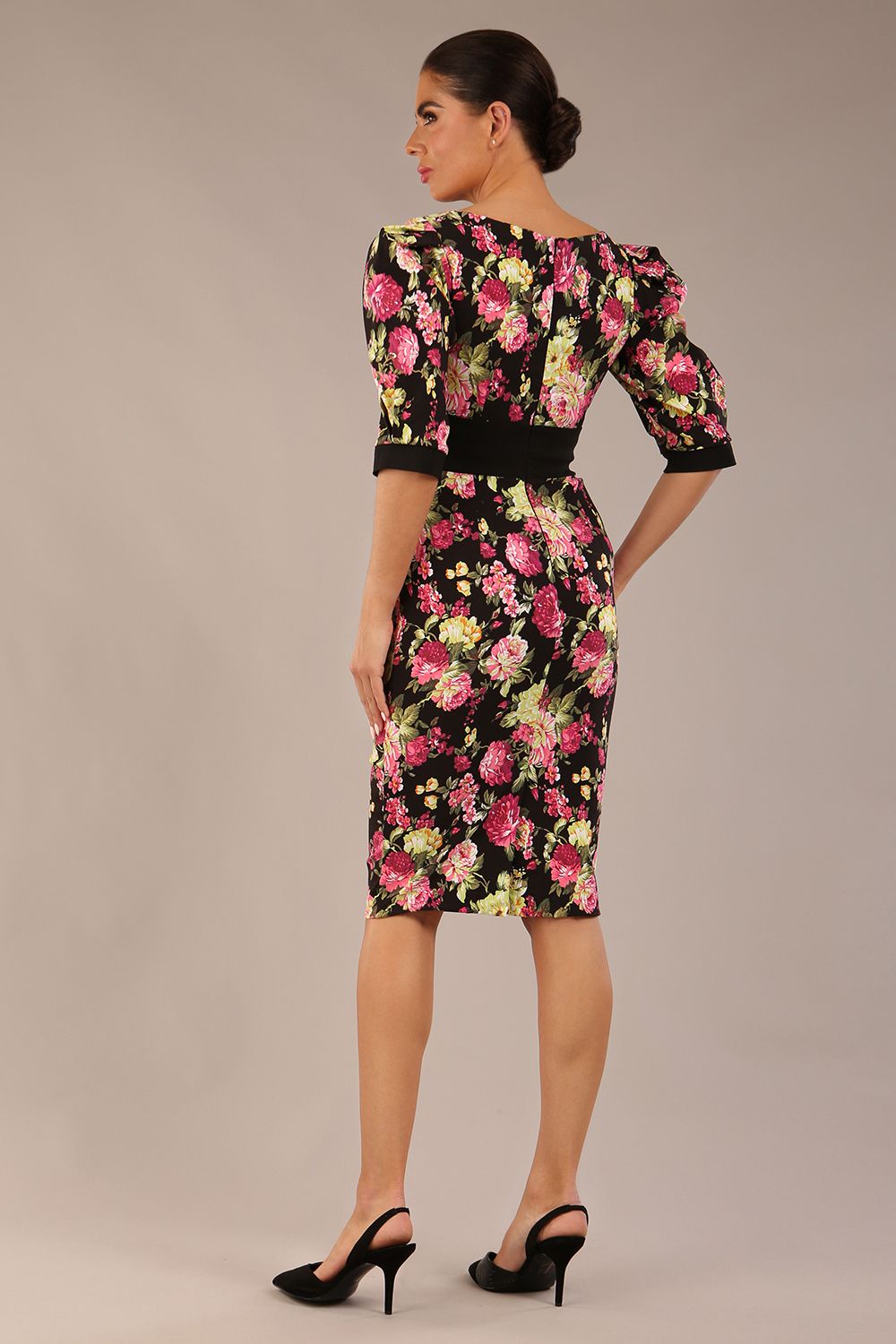 Somerset Floral with Puff Sleeves & Black Waistband Pencil Dress 