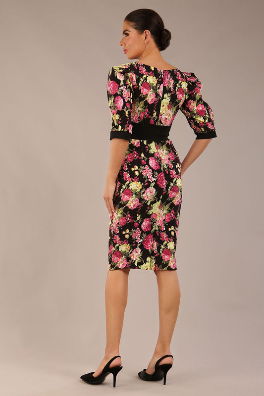 Somerset Floral with Puff Sleeves & Black Waistband Pencil Dress 