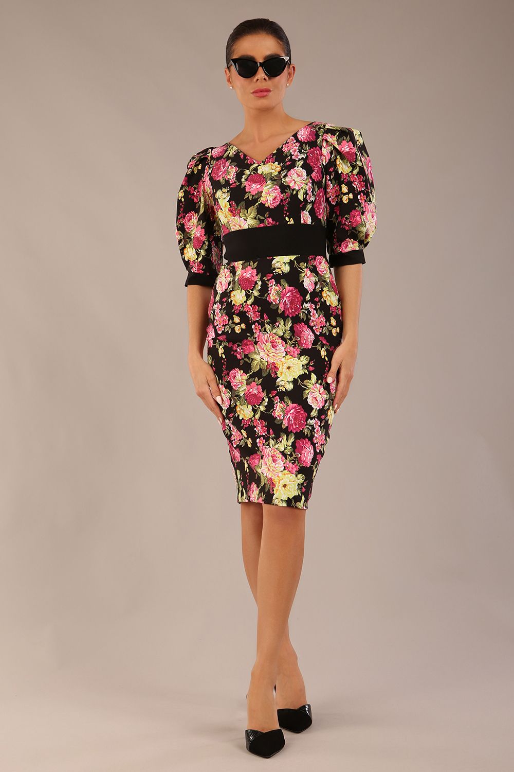 Somerset Floral with Puff Sleeves & Black Waistband Pencil Dress 